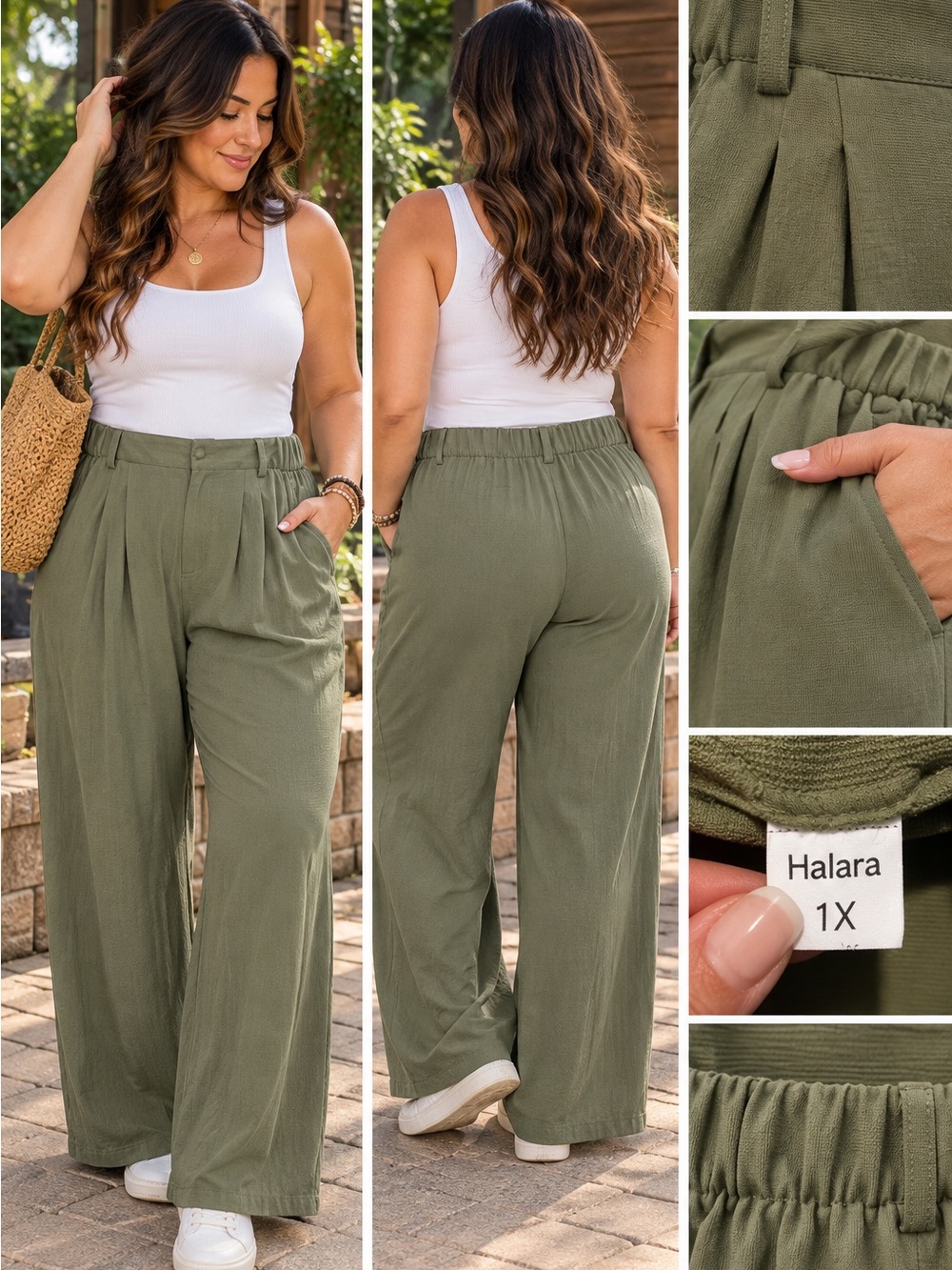 HALARA Olive Wide-Leg High-Rise Pleated Pants